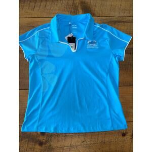 NWT Womens Adidas Climacool Caledonia Golf & Fish Club‎ Blue Short Sleeve Polo L